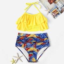 Romwe Layered Halter Top With Random Parrot Bikini Set