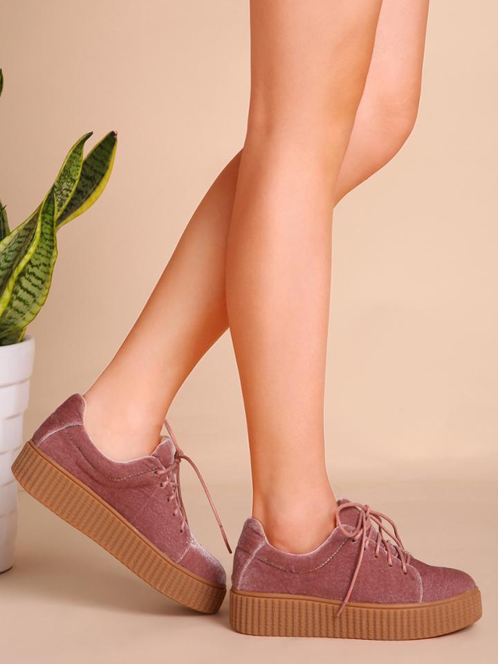 Romwe Pink Velvet Lace Up Rubber Sole Sneakers