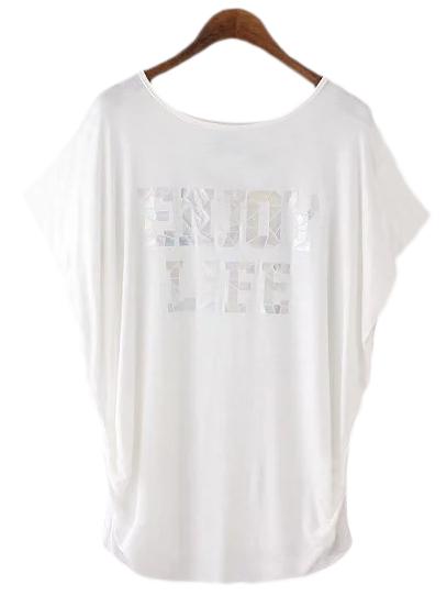 Romwe White Batwing Sleeve Letter Print T-shirt