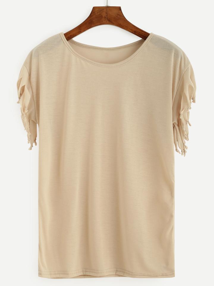 Romwe Beige Knotted Ripped Fringe Sleeve T-shirt