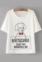 Romwe With Bow Dog Print White T-shirt