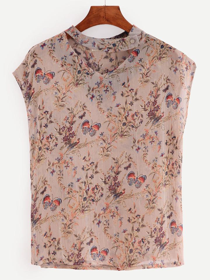 Romwe V Cut Florals Butterfly Print Chiffon Shirt