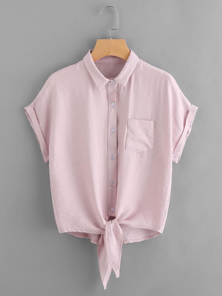 Romwe Knot Front Cuffed Shirt With Chest Pocket