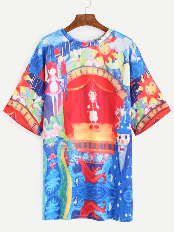 Romwe Cartoon Print Drop Shoulder Tee Dress