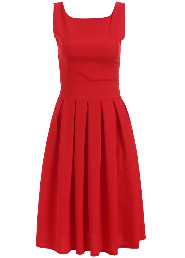 Romwe Square Neck Sleeveless Pleated Dress