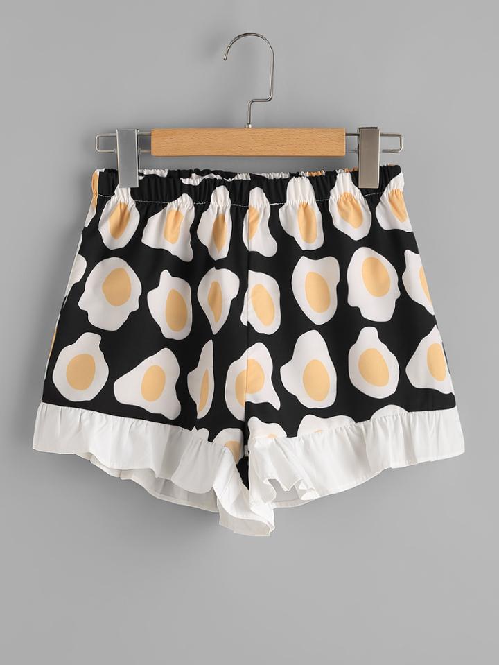 Romwe Purse Print Random Frill Hem Shorts