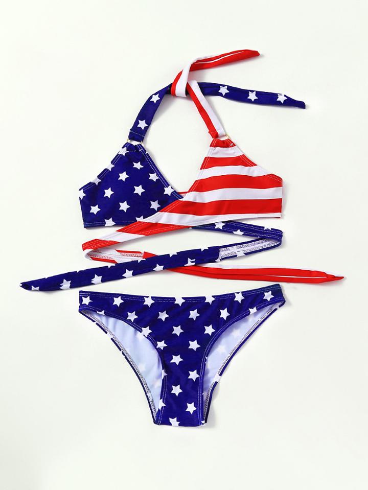 Romwe Striped & Star Print Wrap Bikini Set