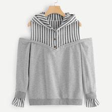 Romwe Cold Shoulder 2 In 1 Sweatshirt