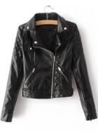 Romwe Black Textured Detail Pu Jacket With Zipper