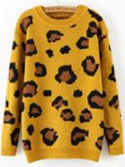Romwe Long Sleeve Leopard Yellow Sweater