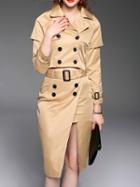 Romwe Khaki Lapel Belted Top With Split Skirt