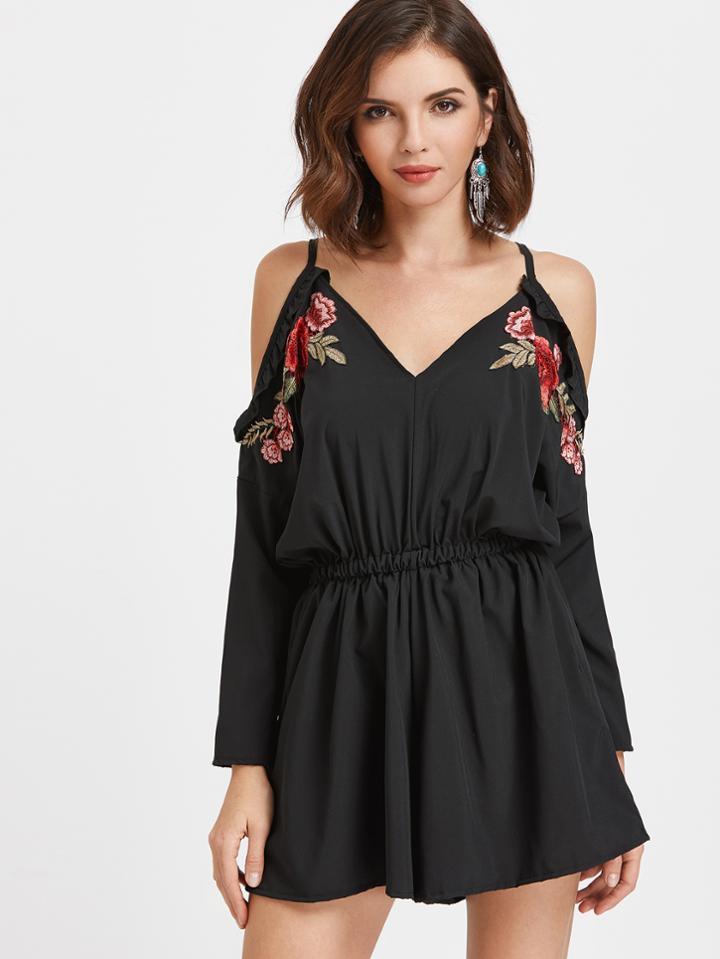 Romwe Black Cold Shoulder Ruffle Trim Appliques Tie Back Romper