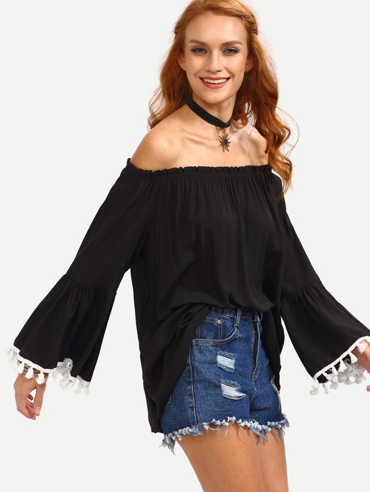 Romwe Off-the-shoulder Tassel Trimmed Bell Sleeve Top - Black