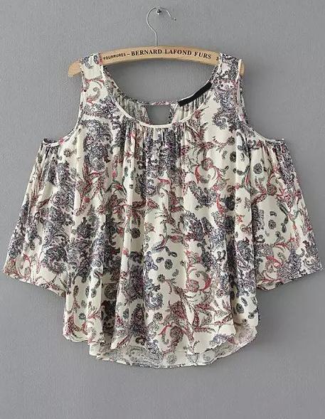 Romwe Open Shoulder Back V Cut Florals Top