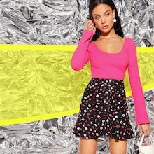 Romwe Ruffle Hem Ruched Front Buttoned Mixed Print Skirt