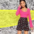 Romwe Ruffle Hem Ruched Front Buttoned Mixed Print Skirt