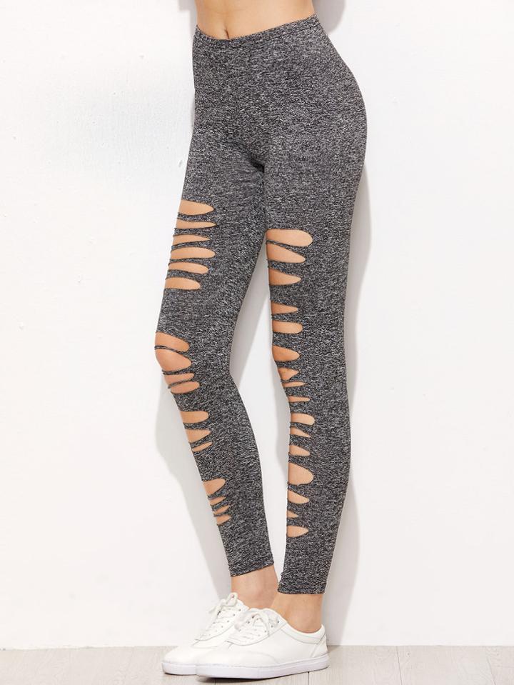 Romwe Grey Marled Knit Ripped Leggings