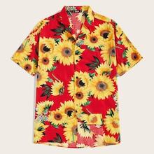 Romwe Guys Revere Collar Sunflower Print Shirt
