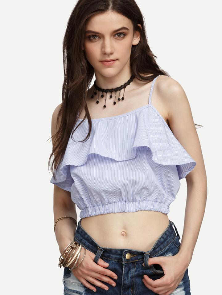 Romwe Blue Vertical Striped Ruffled Crop Cami Top