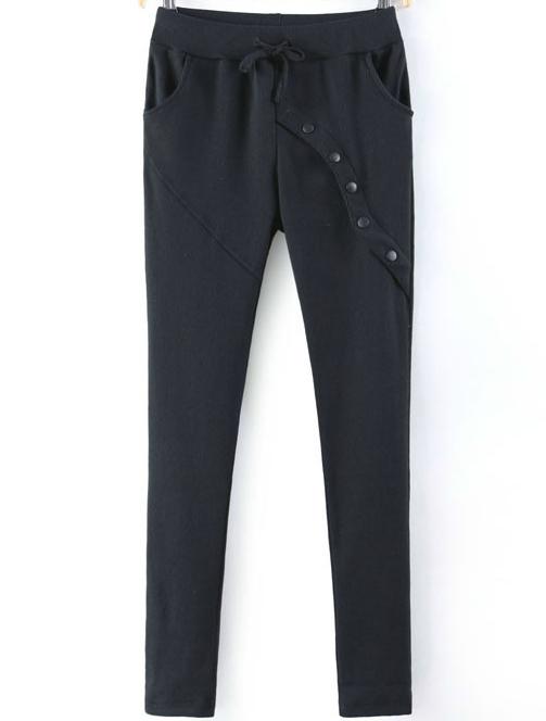 Romwe Drawstring Waist Buttons Black Pant