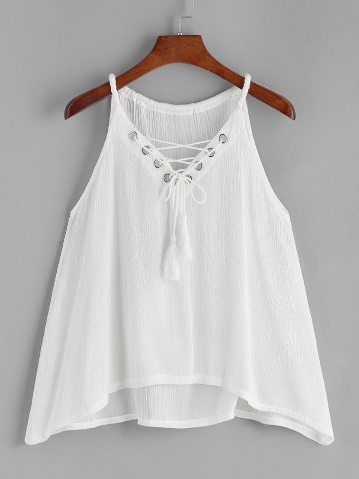 Romwe Eyelet Lace Up Tassel Neck Cami Top
