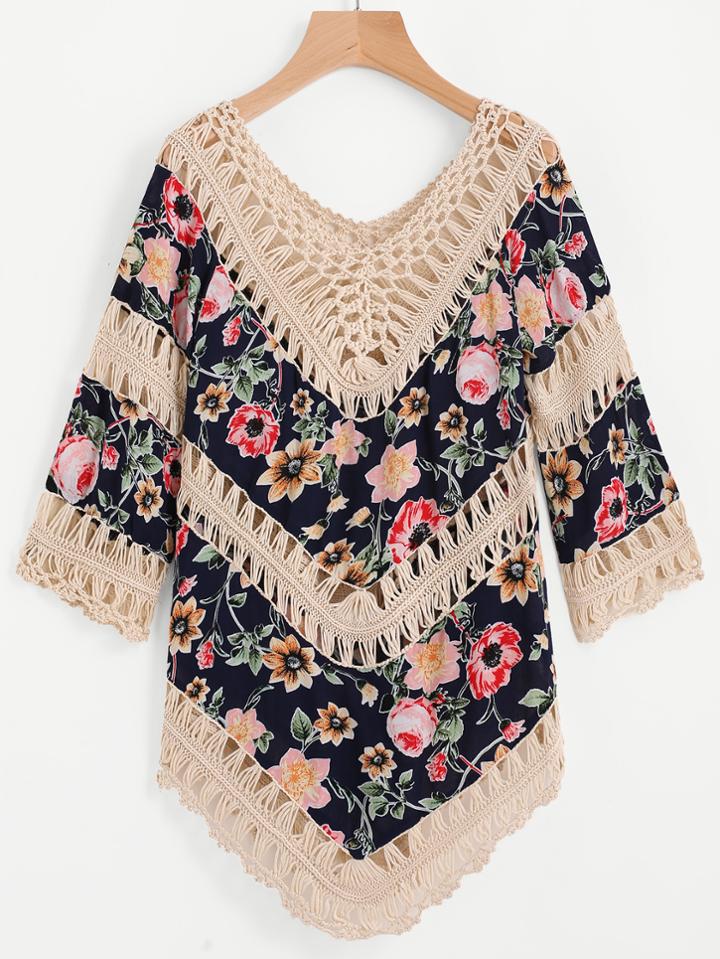 Romwe Floral Print Random Contrast Crochet Asymmetrical Hem Top