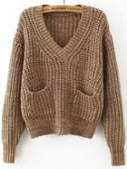 Romwe V Neck Chunky Knit Khaki Sweater With Pockets