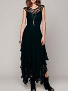 Romwe Lace Layered Asymmetrical Black Dress