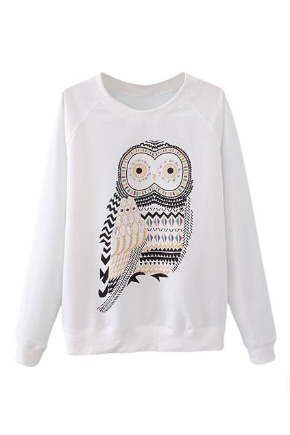 Romwe Romwe Rhinestone Owl Print White Sweatshirt