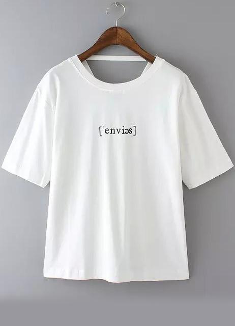 Romwe Letter Print Triangle Hollow White T-shirt