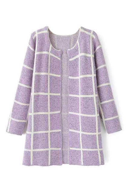 Romwe Open Front Purple Check Cardigan