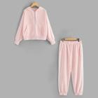 Romwe Plus Zip Through Hooded Sweatshirt & Contrast Stripe Pants
