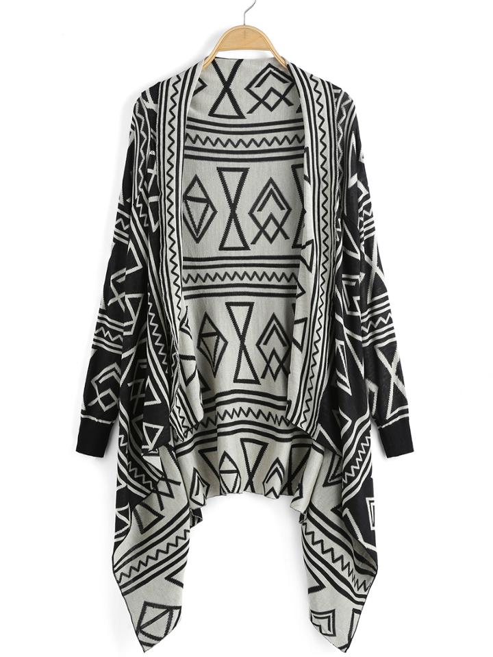 Romwe Geometric Print High Low Loose Cardigan