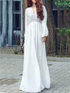 Romwe White V Neck Long Sleeve Chiffon Dress