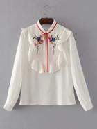 Romwe Tie Neck Flower Embroidery Frill Trim Blouse
