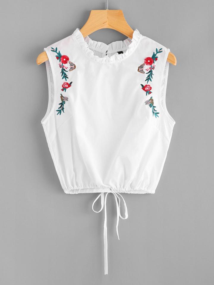Romwe Floral Embroidered Drawstring Split Back Top