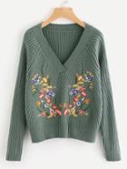 Romwe Rib Knit Raglan Sleeve Embroidered Jumper