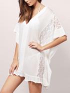 Romwe White Lace Insert Ruffled Hem Chiffon Poncho Dress