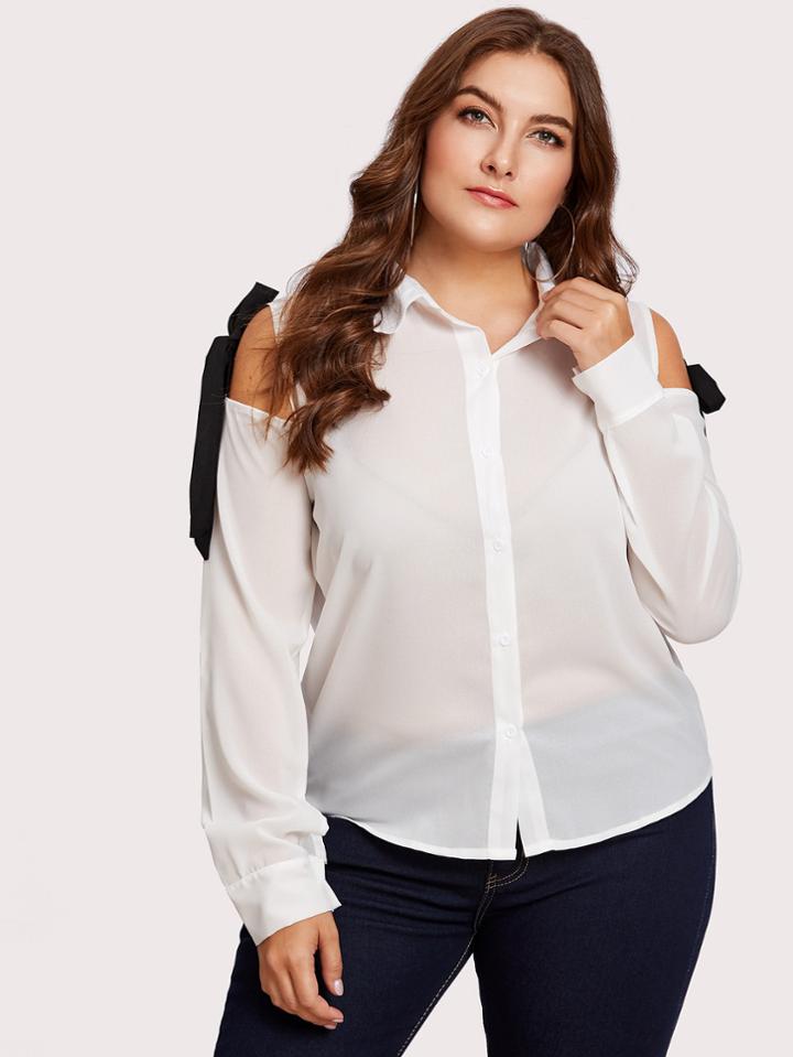Romwe Open Shoulder Self Tie Shirt