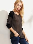 Romwe Color Block Asymmetrical Hem Long Sleeve Knitted T-shirt
