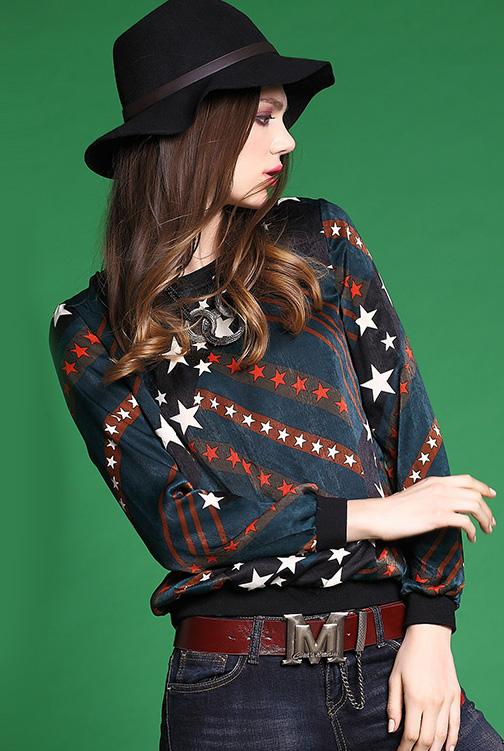 Romwe Stars Print Loose Green Sweatshirt