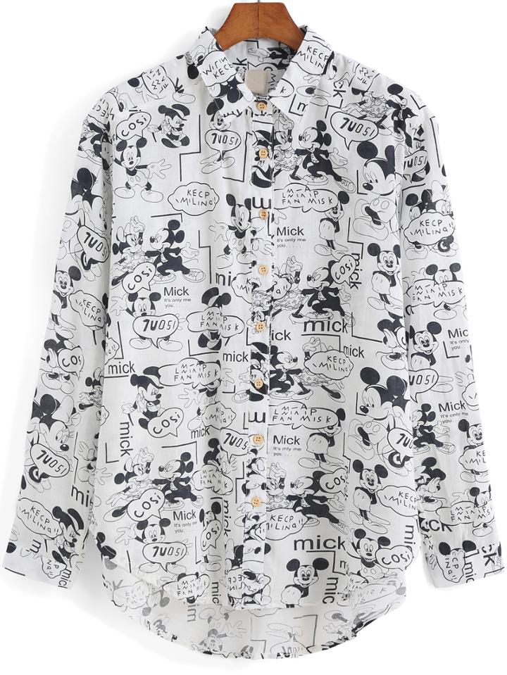 Romwe Black White Lapel Long Sleeve Mickey Print Blouse