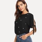 Romwe Pearl Beading Knotted Split Sleeve Top