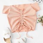 Romwe Drawstring Ruched Rib-knit Crop Bardot Tee