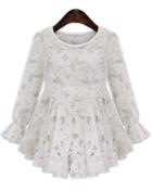 Romwe Round Neck Peplum Hem Lace White Blouse