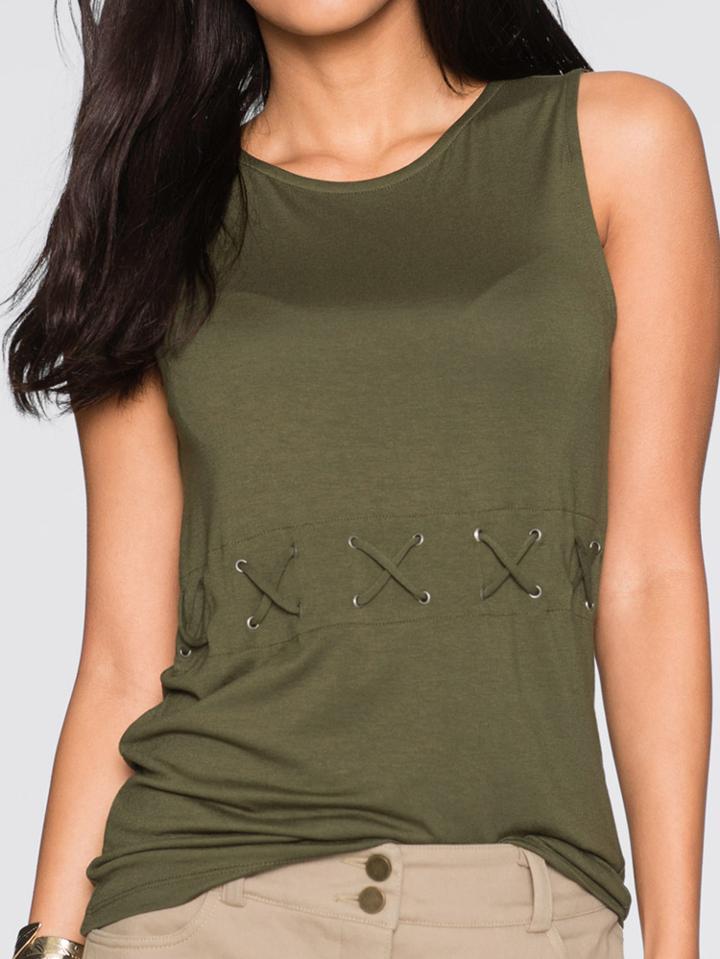 Romwe Olive Green Eyelet Lattice Detail Tank Top