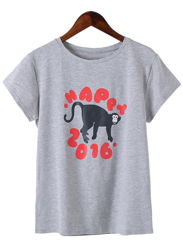 Romwe Grey Short Sleeve Monkey Print T-shirt