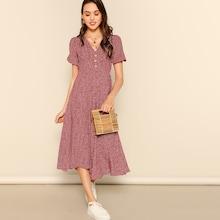 Romwe Button Front Allover Print V-neck Dress