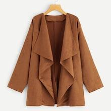 Romwe Plus Waterfall Open Front Suede Coat