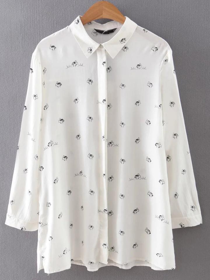 Romwe White Lapel Buttons Rabbit Print Blouse